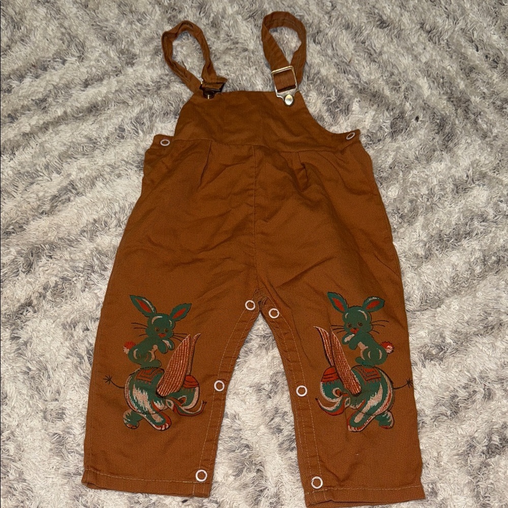 🧡18/24m 1960s vintage dumbo  corduroy Brown Kids Overalls bunny elephant Design